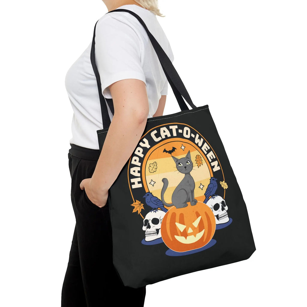 Tote Bag - Halloween Black Cat on Jack O Lantern Design Printify