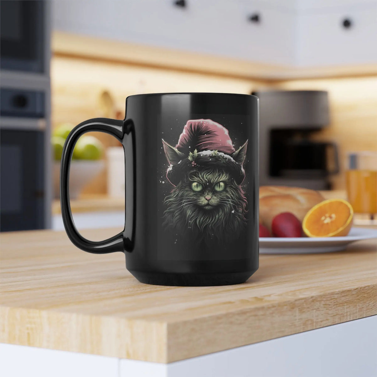 Krampus Cat Red Hat Christmas Mug - Black Ceramic - Unique Holiday Gift, Festive Cat Coffee Cup, Christmas Gift Idea, Cat Lover Printify