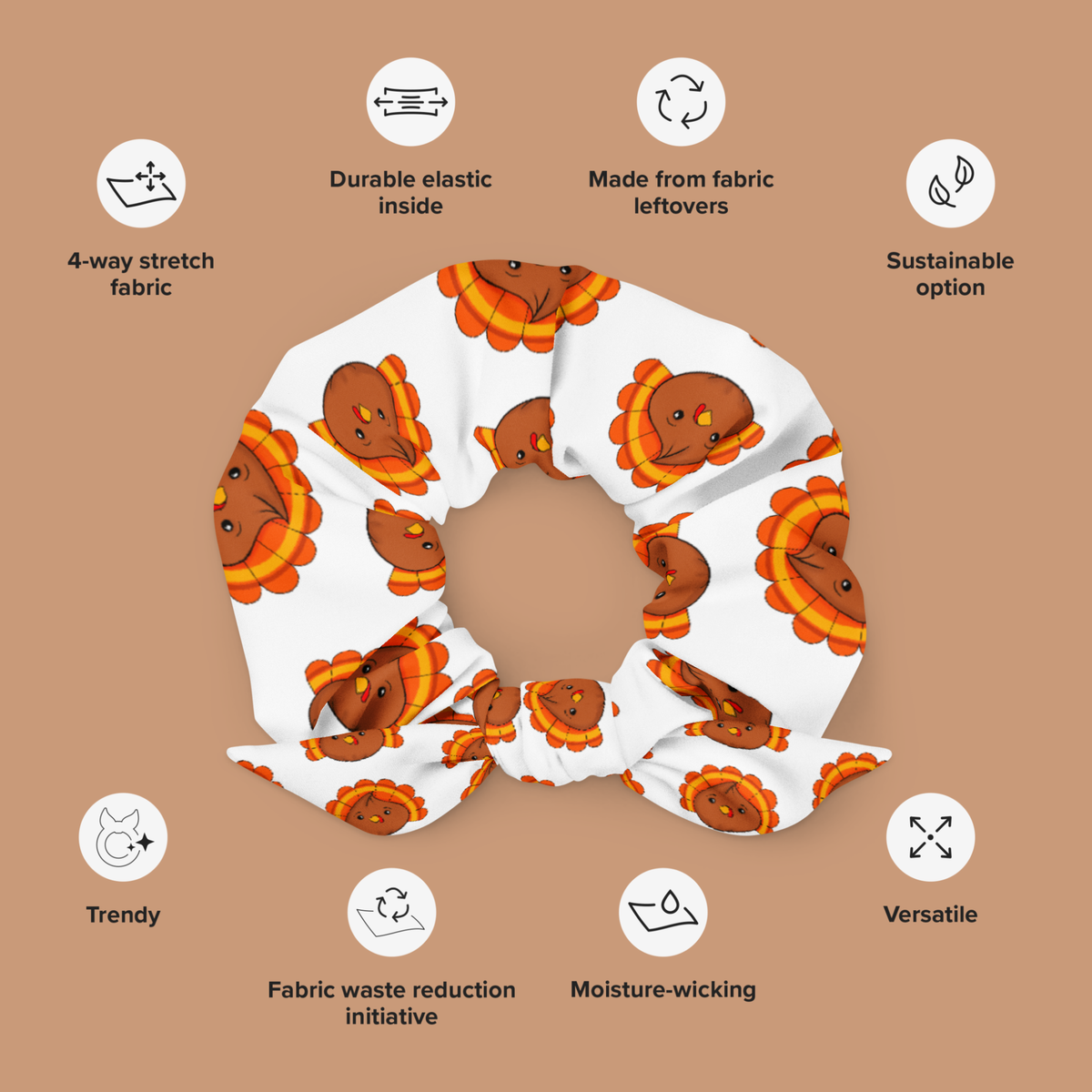Turkey dumpling hair tie with matching bow with icons highlighting four-way stretch, durable elastic, moisture-wicking fabric, versatility, and fabric waste reduction.