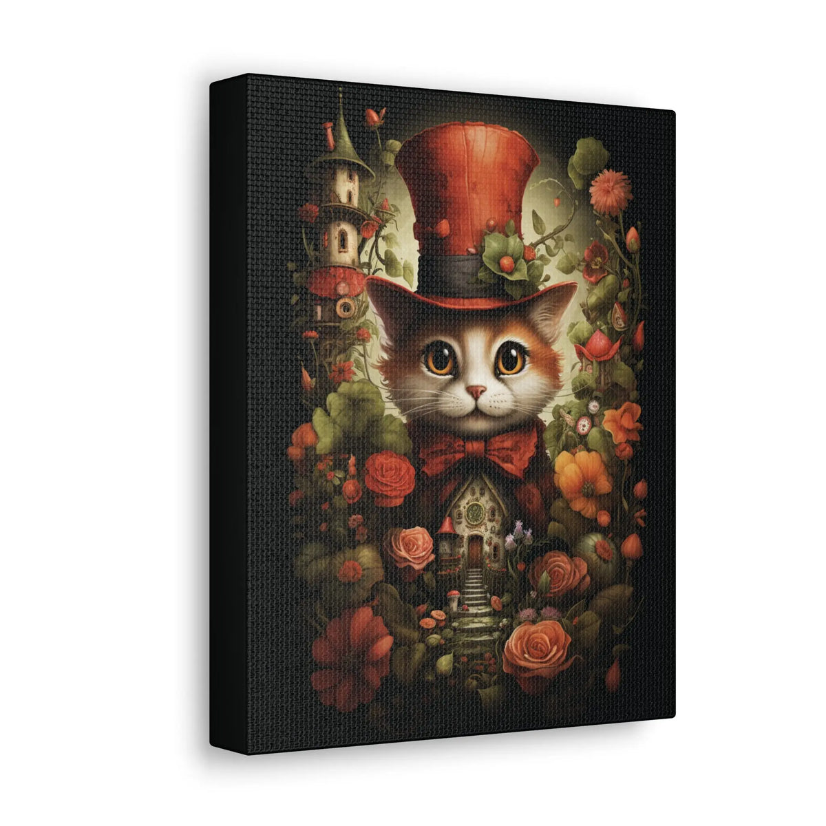 Cat in Top Hat with Flower Garden Canvas Wall Art Printify