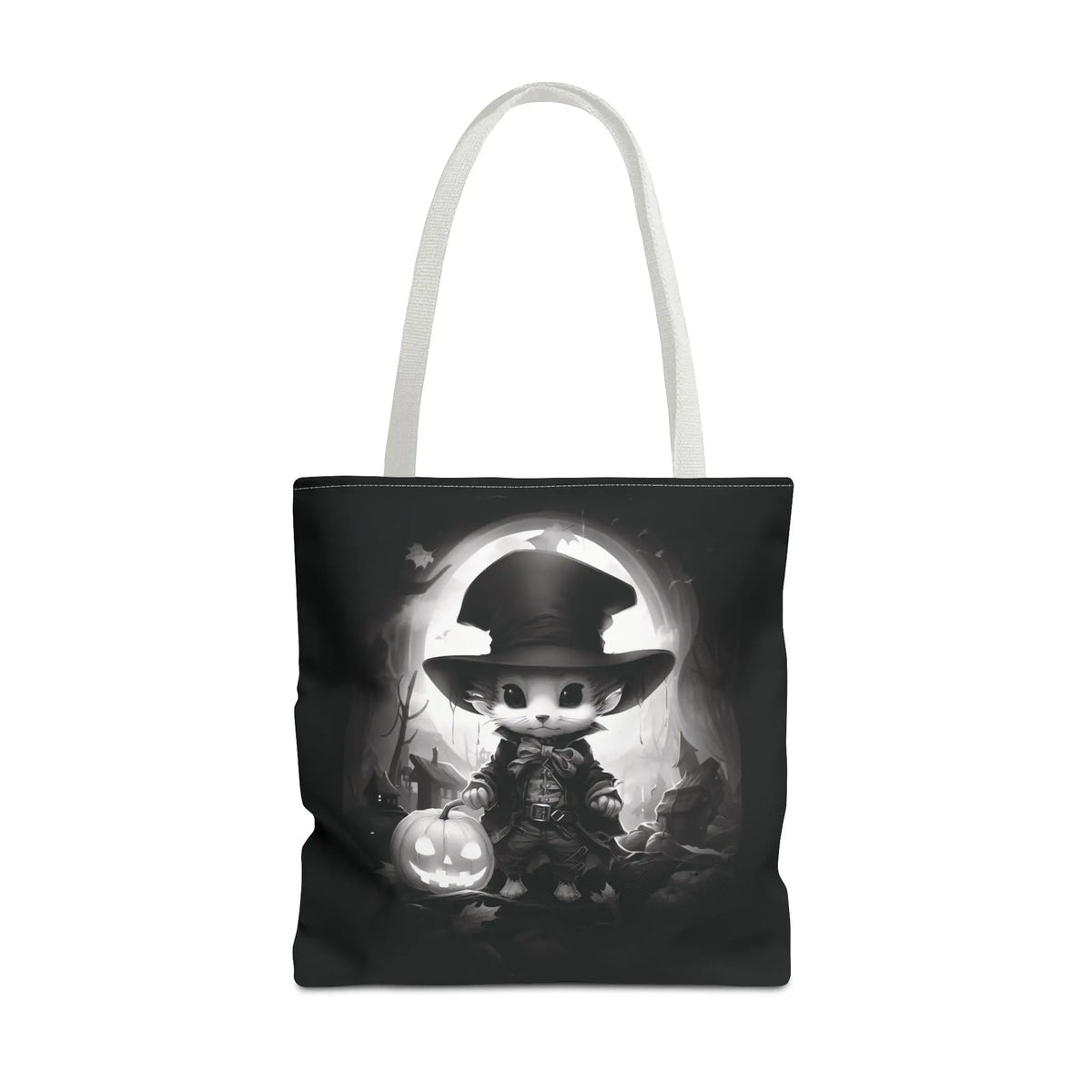 Tote Bag - Black & White Vampire Hunter Mouse with Top Hat Halloween Jack-o'-lantern Printify