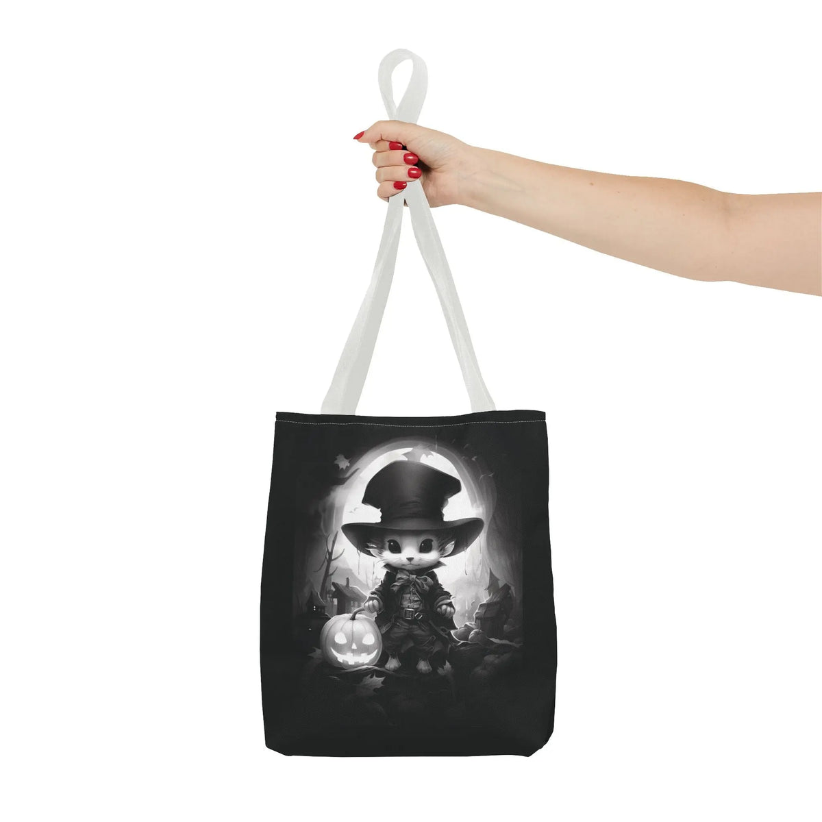 Tote Bag - Black & White Vampire Hunter Mouse with Top Hat Halloween Jack-o'-lantern Printify