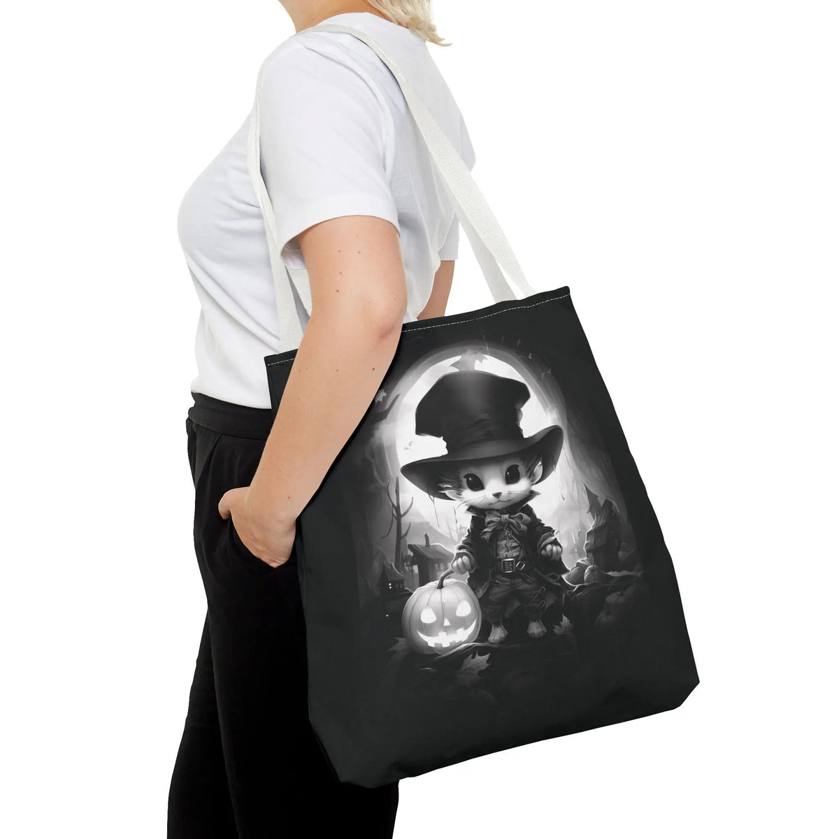 Tote Bag - Black & White Vampire Hunter Mouse with Top Hat Halloween Jack-o'-lantern Printify