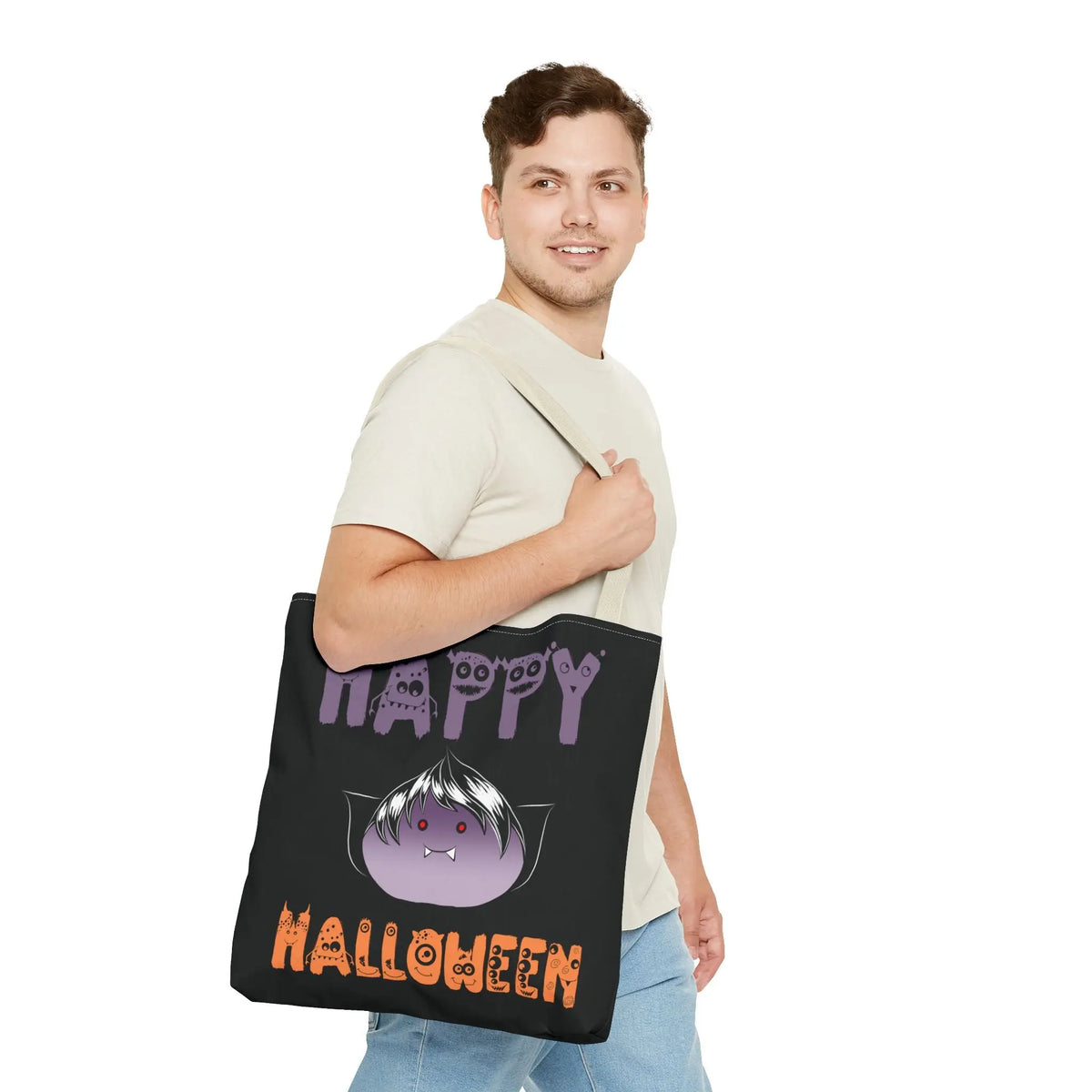 Halloween Tote Bag with Monster Design and Vampire Dumping Printify