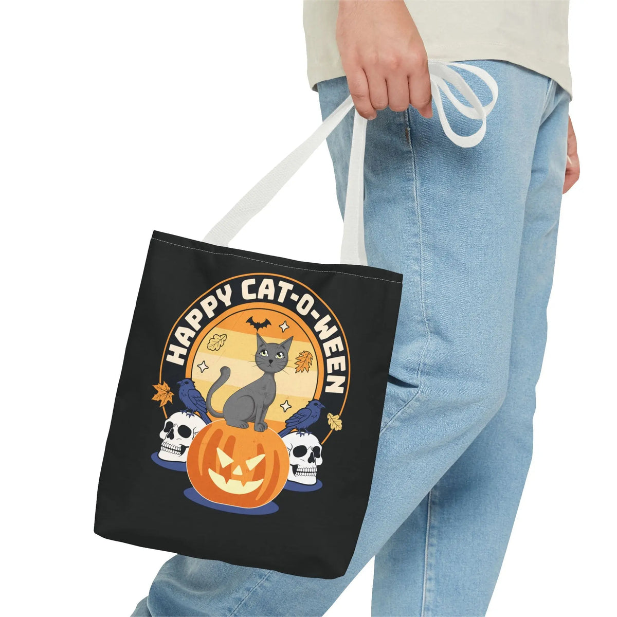 Tote Bag - Halloween Black Cat on Jack O Lantern Design Printify