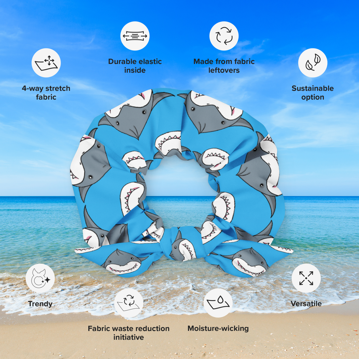 Blue shark dumpling bow scrunchie with icons highlighting four-way stretch, durable elastic, moisture-wicking fabric, versatility, and fabric waste reduction.