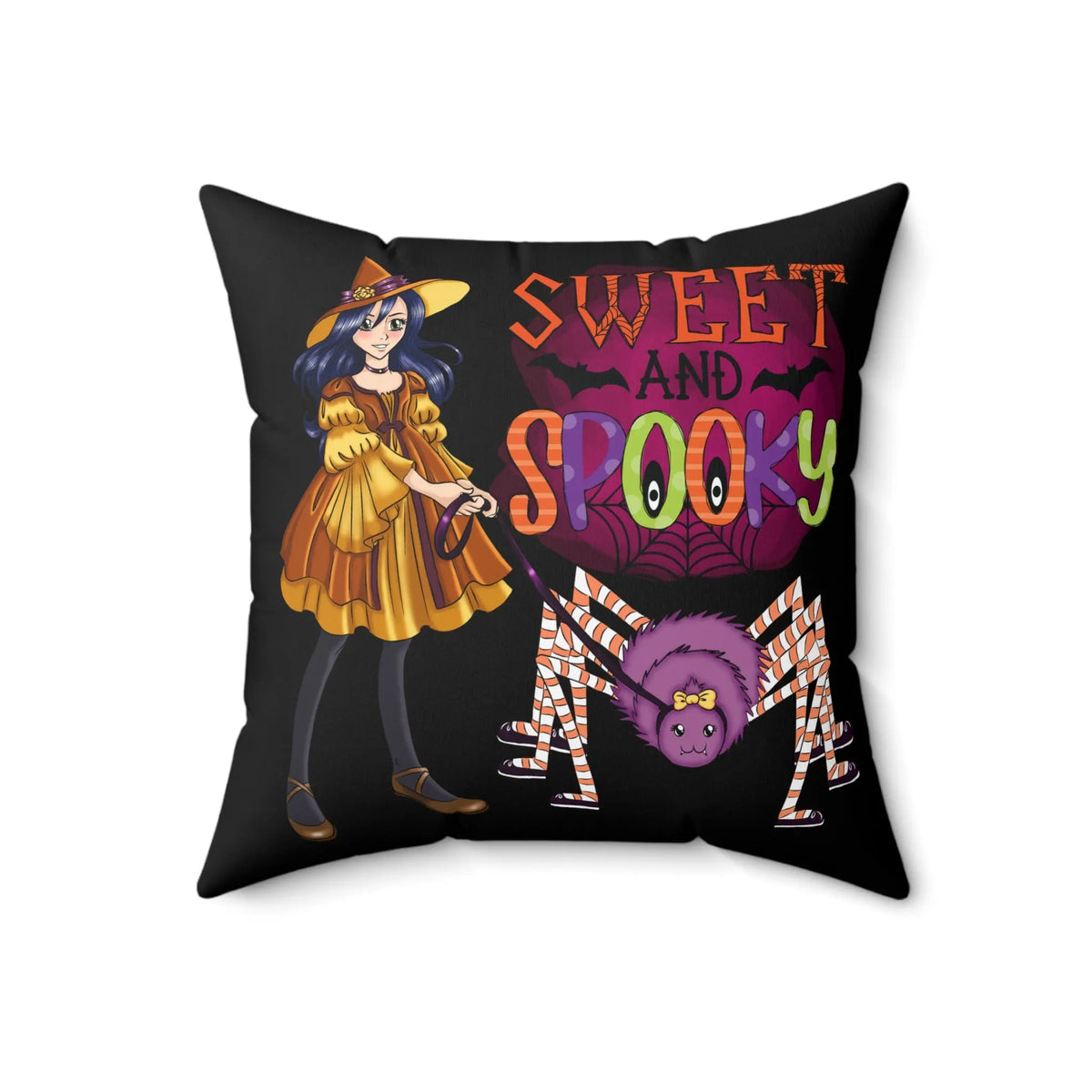 "Sweet and Spooky" Spider Witch Decorative Pillow – Perfect for Halloween! Kawaii Esquire