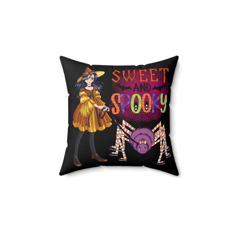 Black decorative pillow featuring a charming witch with a spider on a leash and the text "Sweet and Spooky" in colorful, whimsical fonts, ideal for Halloween decor.