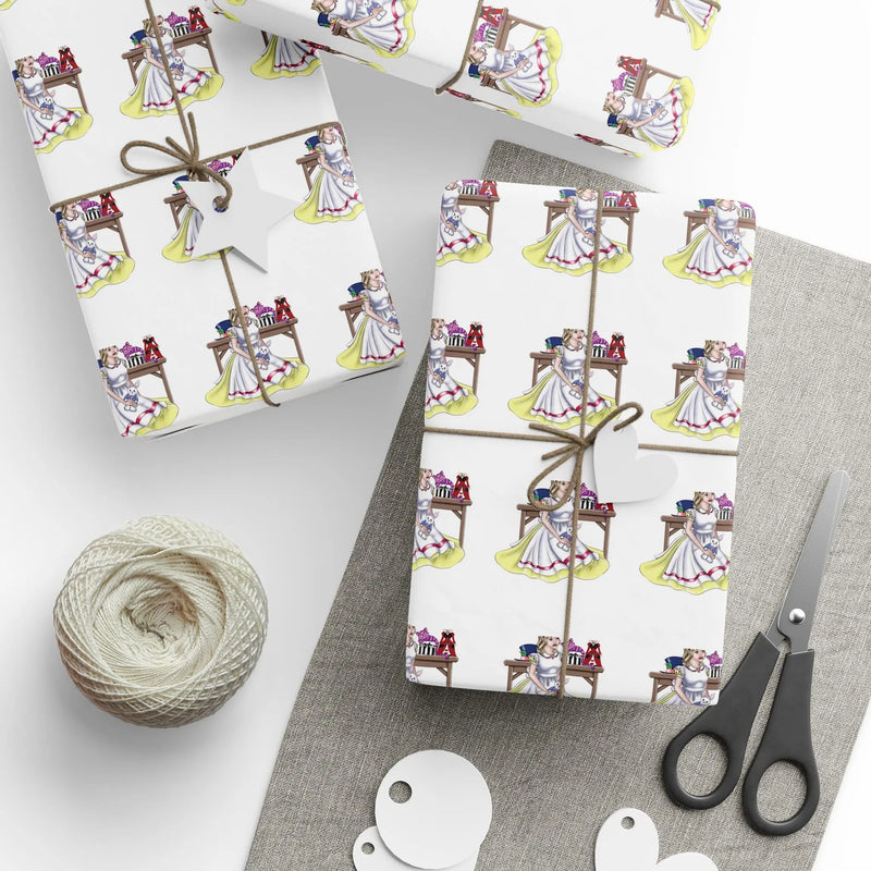 Alice in Wonderland Pattern Wrapping Paper - Playful Design with White Rabbit, Mad Hatter Hat, Queen of Hearts, and Cheshire Cat Printify