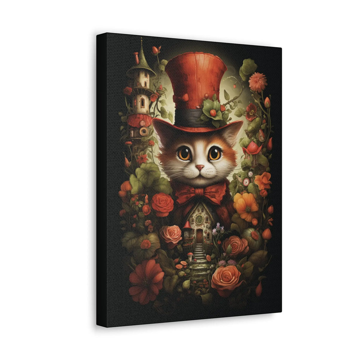 Cat in Top Hat with Flower Garden Canvas Wall Art Printify