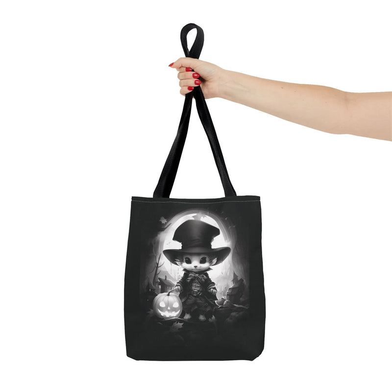 Tote Bag - Black & White Vampire Hunter Mouse with Top Hat Halloween Jack-o'-lantern Printify