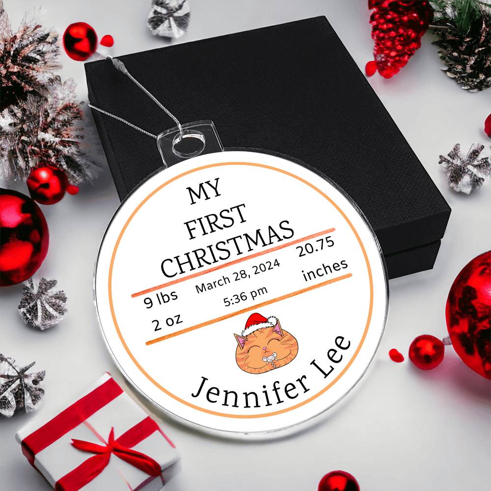 Personalized Baby’s First Christmas Cat Birth Stats Ornament