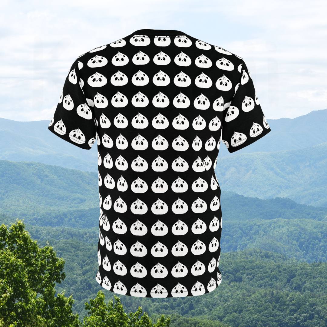 The image shows the back of a black t-shirt featuring an all-over print design of white panda dumplings. The panda dumplings are arranged in a consistent, repeating pattern covering the entire back of the shirt, including the sleeves.