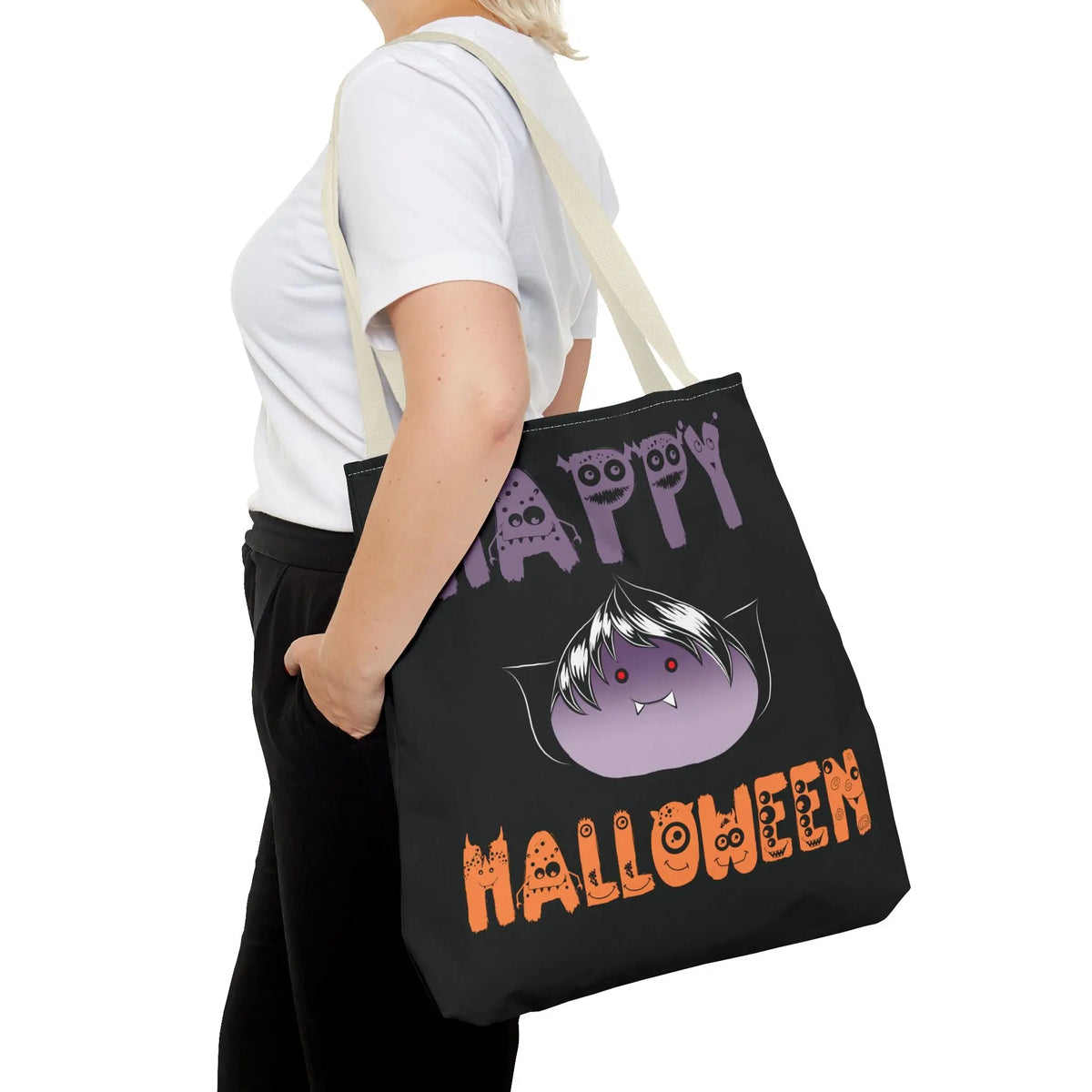 Halloween Tote Bag with Monster Design and Vampire Dumping Printify