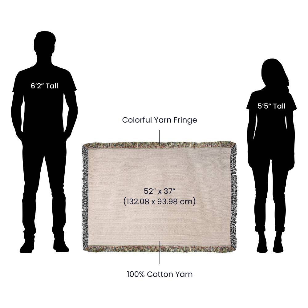 52 by 37 inch cotton woven blanket size comparison showing colorful yarn fringe and human silhouettes.
