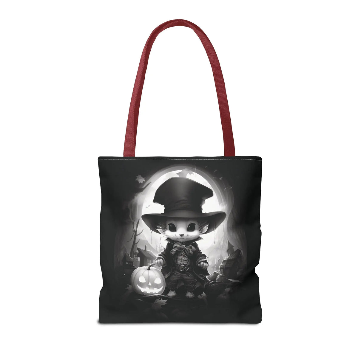 Tote Bag - Black & White Vampire Hunter Mouse with Top Hat Halloween Jack-o'-lantern Printify