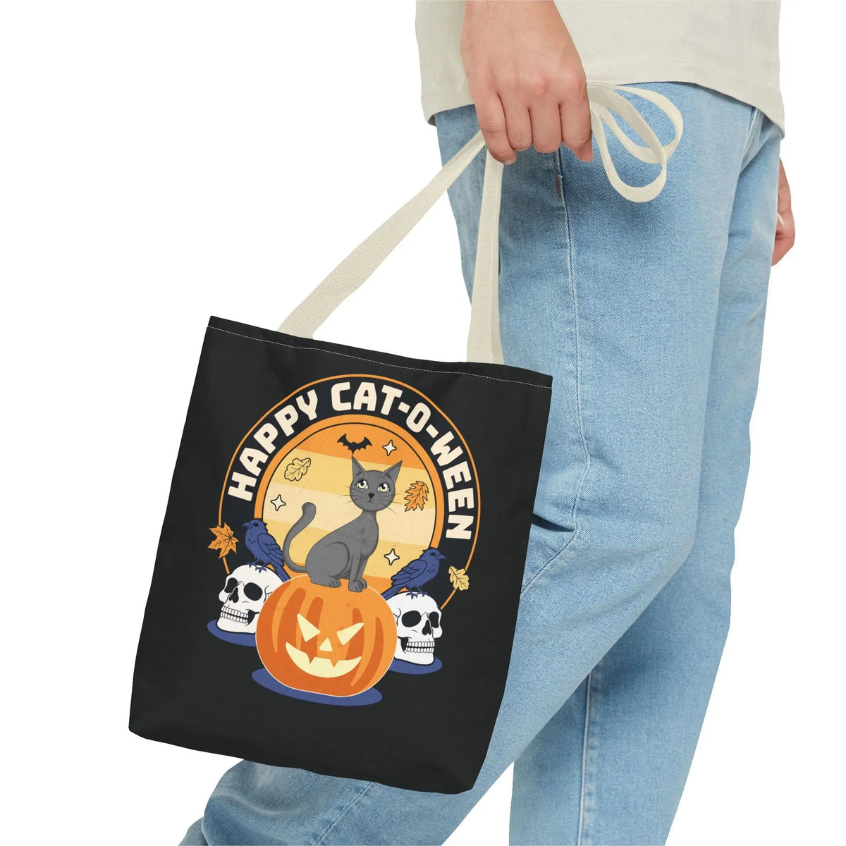 Tote Bag - Halloween Black Cat on Jack O Lantern Design Printify