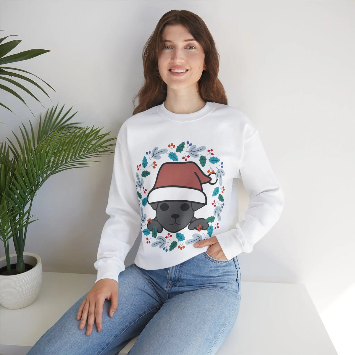 Santa Hat Chiweenie Blue Wreath Sweatshirt - Kawaii Esquire