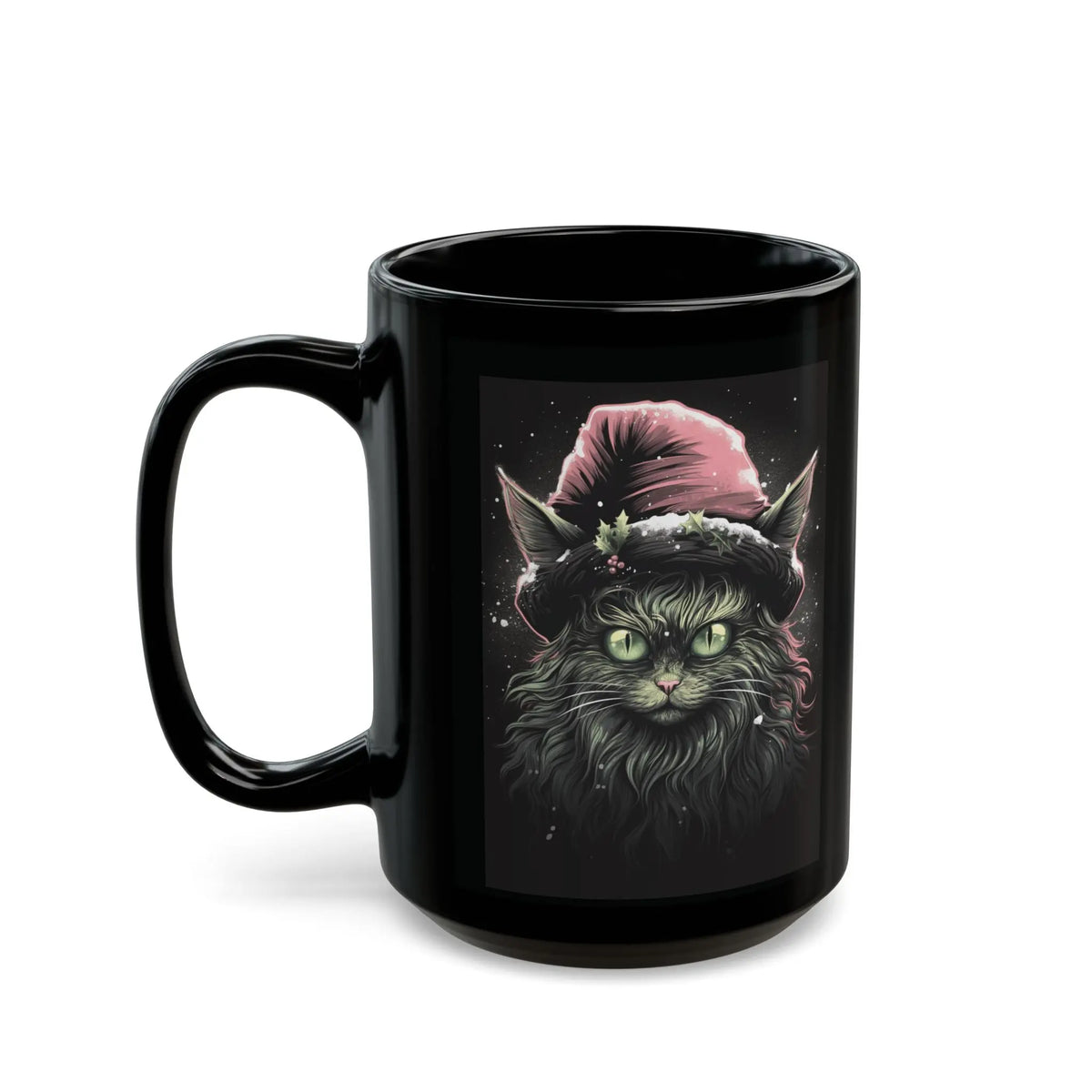 Krampus Cat Red Hat Christmas Mug - Black Ceramic - Unique Holiday Gift, Festive Cat Coffee Cup, Christmas Gift Idea, Cat Lover Printify