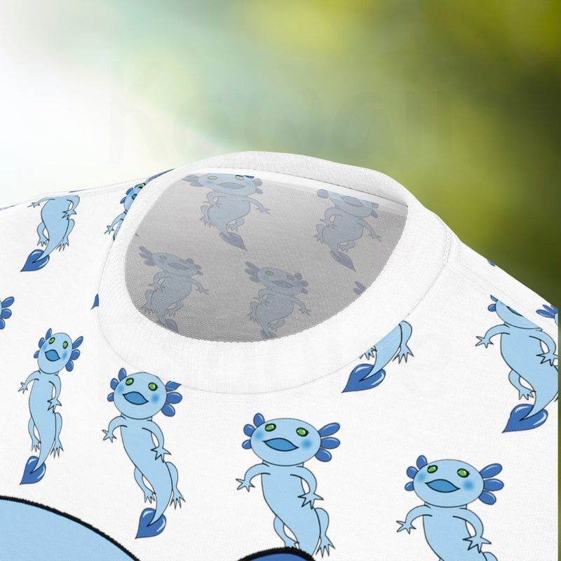 The image shows a close-up of the neckline area of a white t-shirt featuring an all-over print design of blue axolotls. The design includes small blue axolotls with green eyes scattered uniformly. The inside of the shirt also displays the same pattern, ensuring a consistent look both inside and out. 