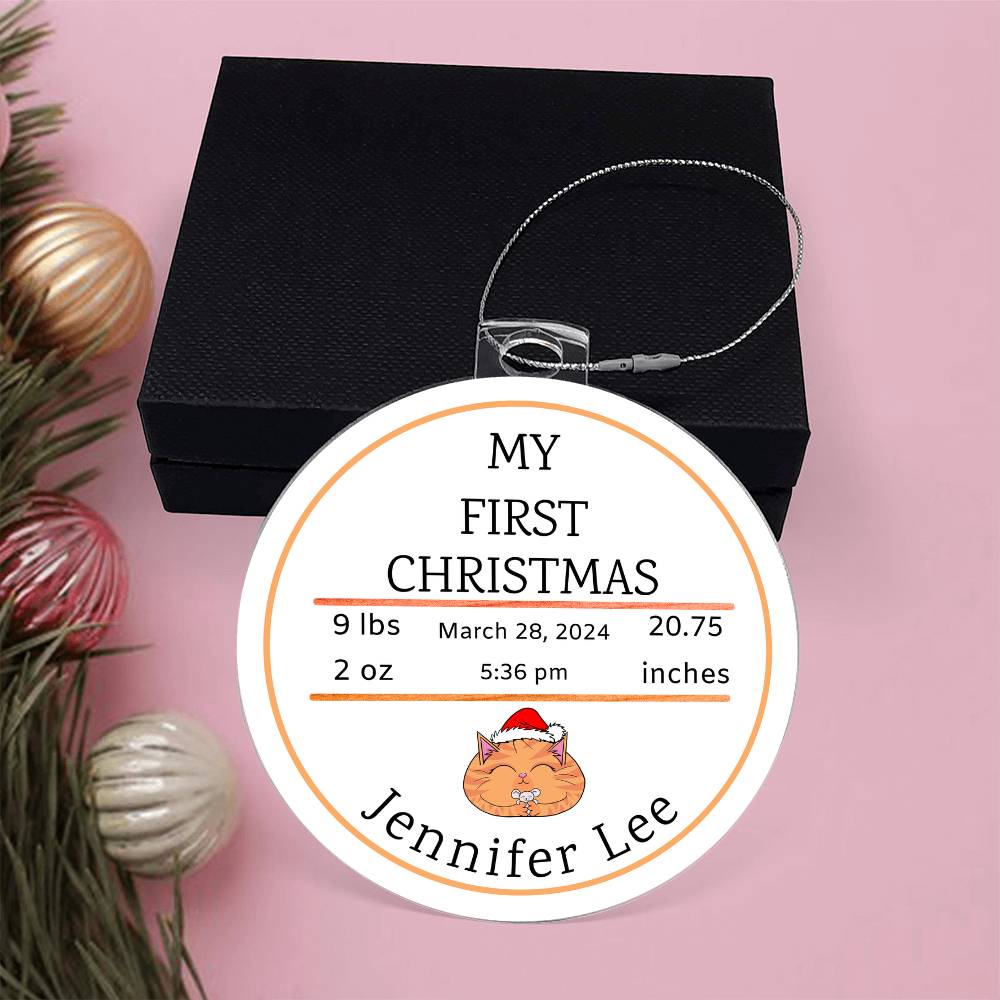 Personalized Baby’s First Christmas Cat Birth Stats Ornament