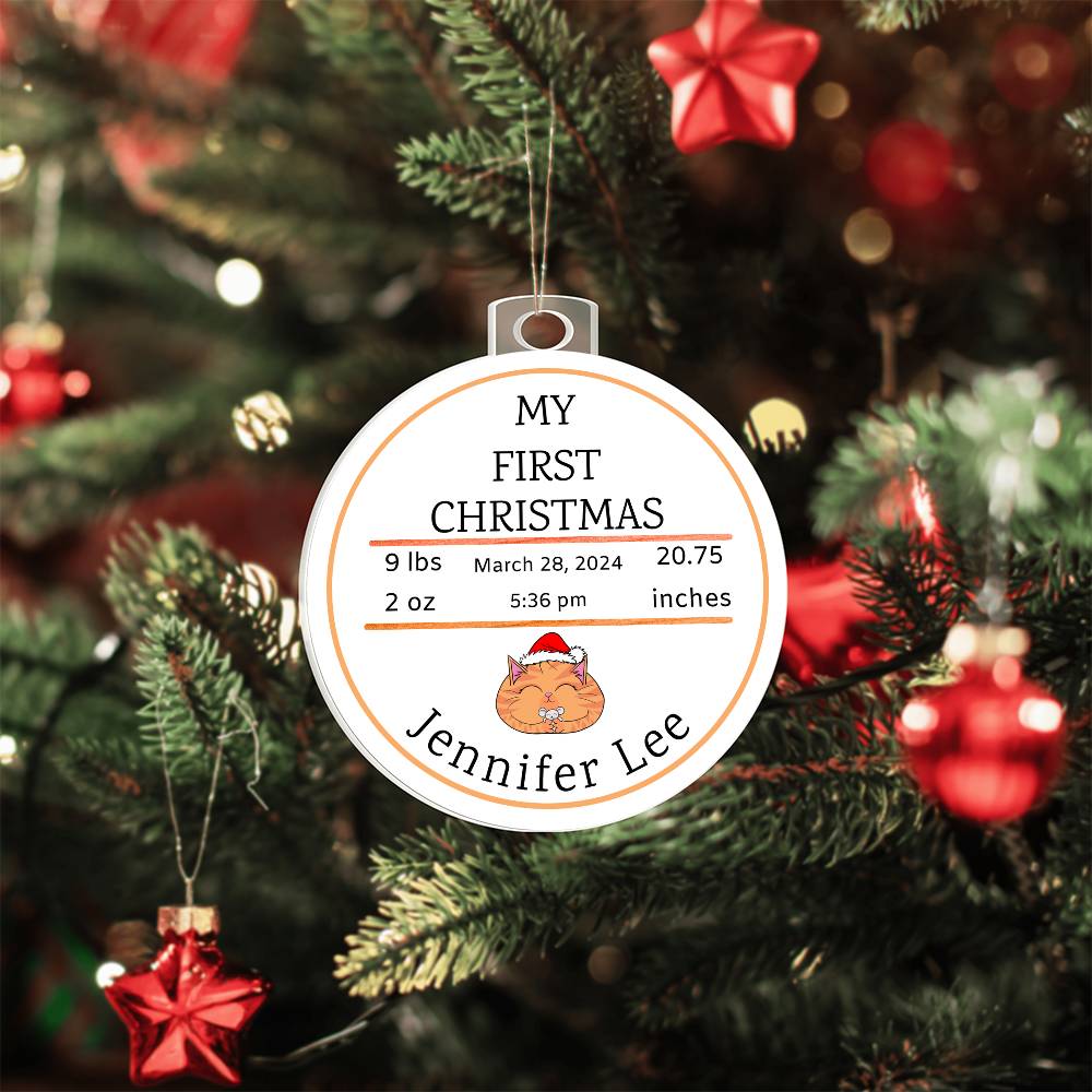Personalized Baby’s First Christmas Cat Birth Stats Ornament