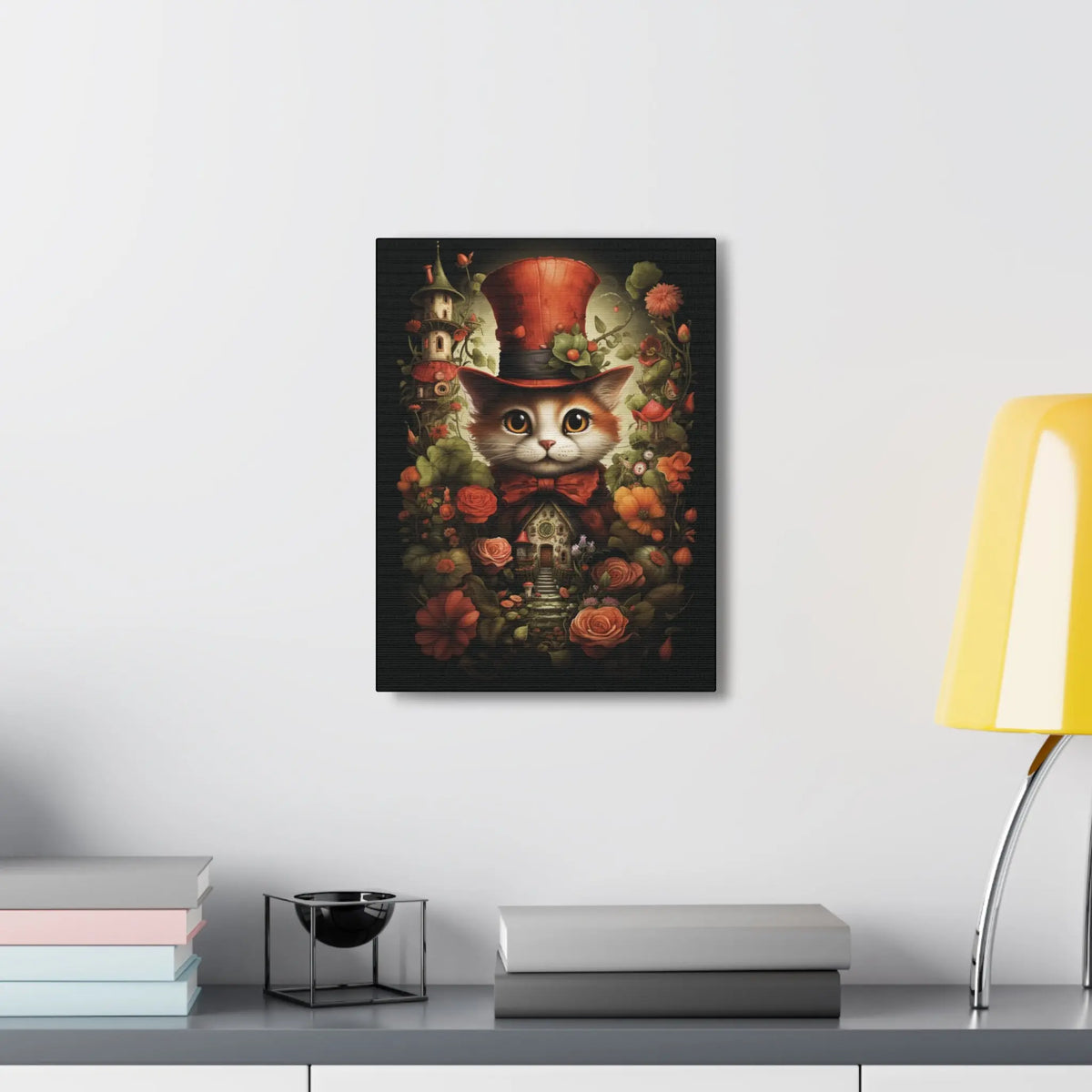 Cat in Top Hat with Flower Garden Canvas Wall Art Printify