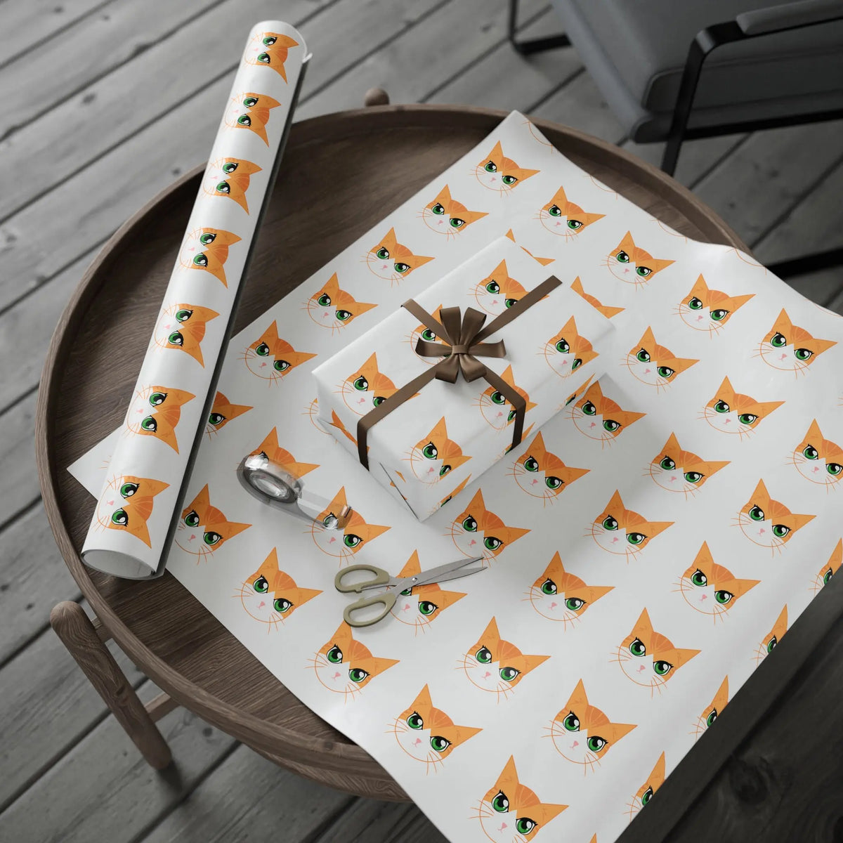 Orange Tabby Cat Wrapping Paper with Sleek Bar and QR Code - 30 × 72 inches - High-Quality Gift Wrap for Cat Lovers Printify