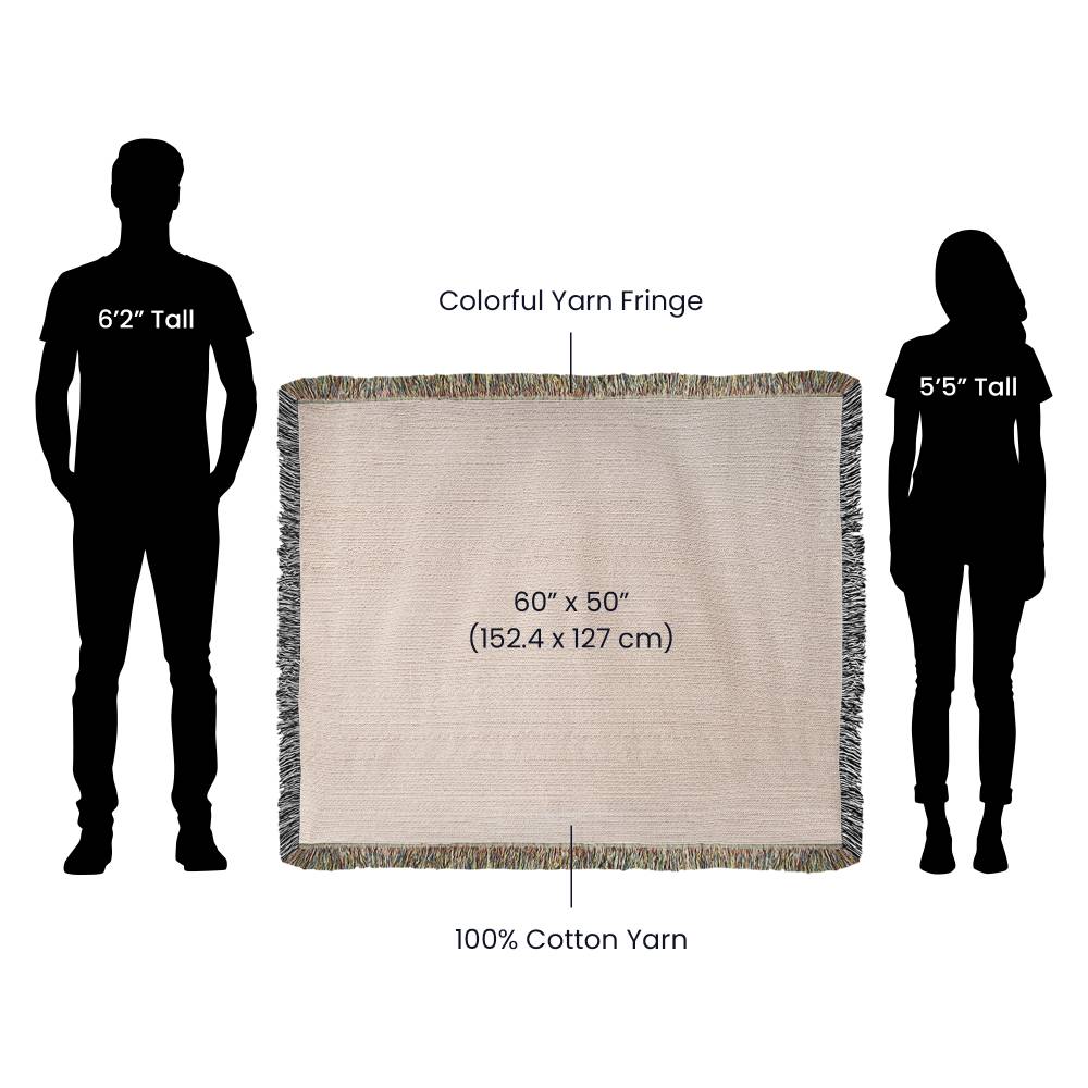 60 by 50 inch theatre woven blanket size comparison with colorful fringe and adult height silhouettes.