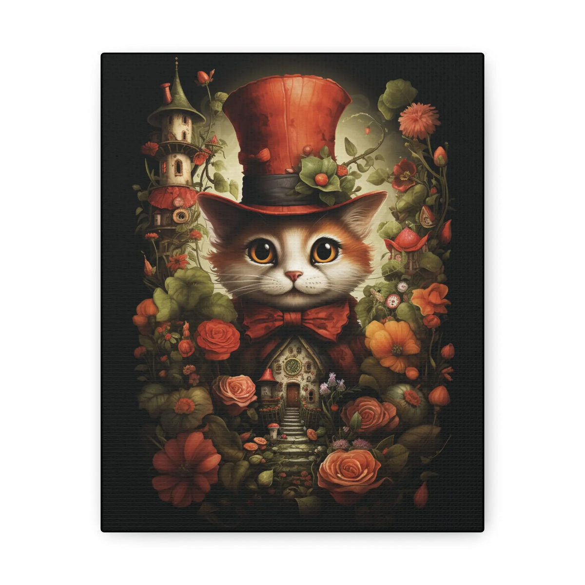 Cat in Top Hat with Flower Garden Canvas Wall Art Printify