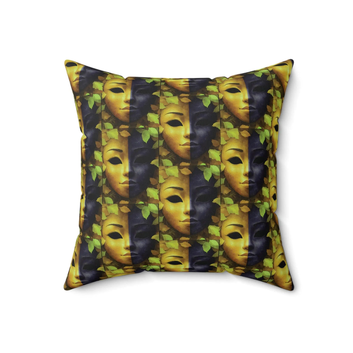 Square Pillow Yellow & Blue Black Dramatic Mask Spun Polyester Printify