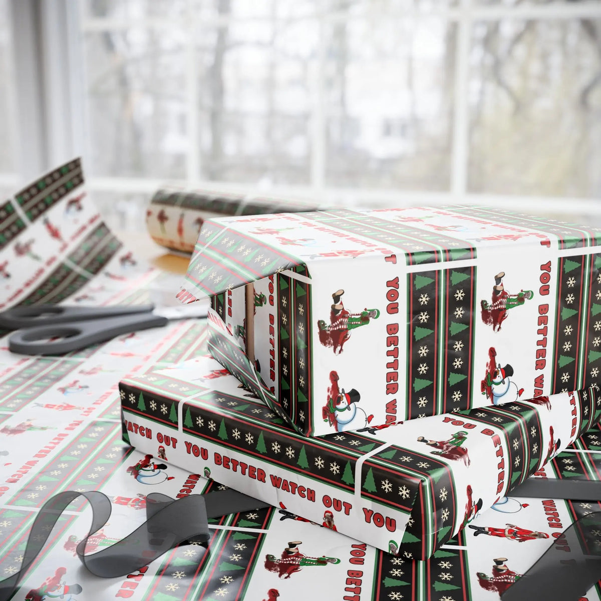 Unwrap the Undead: Zombie Themed Wrapping Paper with Santa, Elf, and Snowman Printify