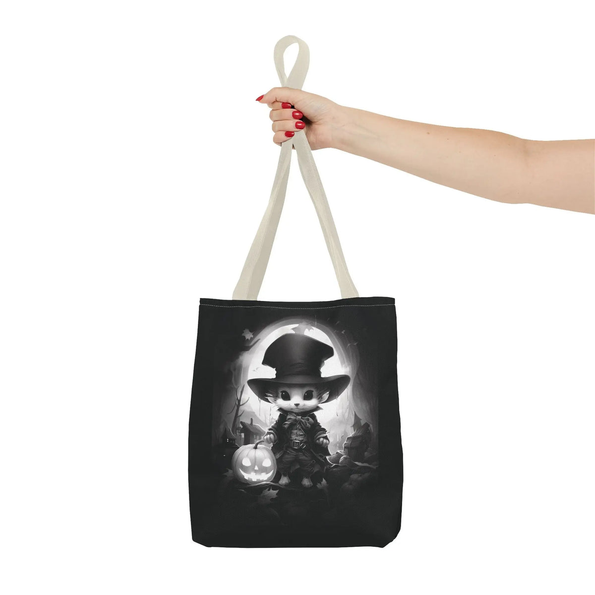 Tote Bag - Black & White Vampire Hunter Mouse with Top Hat Halloween Jack-o'-lantern Printify