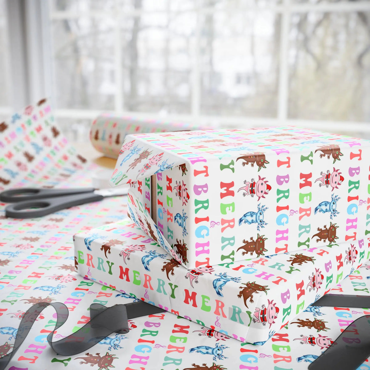 Santa, Gingerbread and Icy Axolotl Holiday Gift Wrap Roll Printify