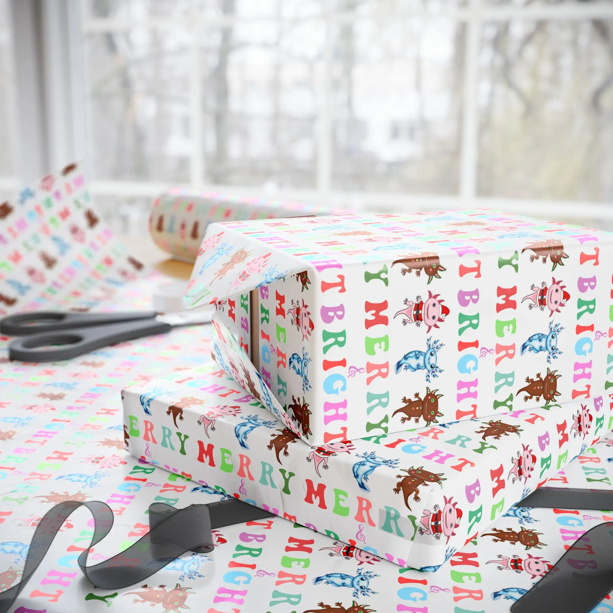 Santa, Gingerbread and Icy Axolotl Holiday Gift Wrap Roll Printify