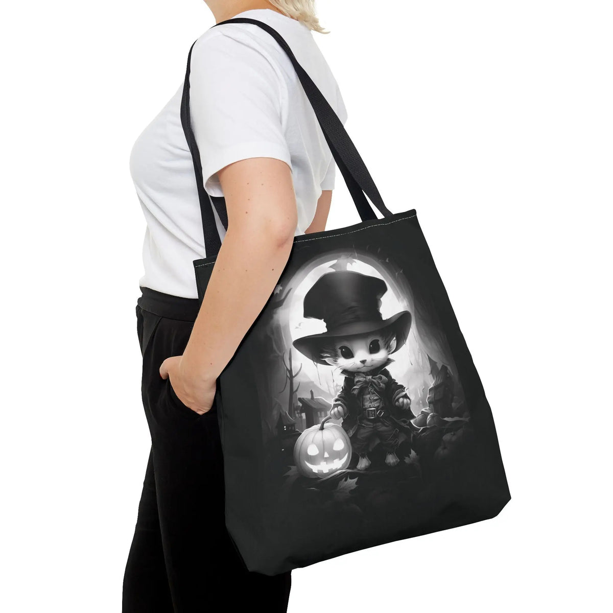 Tote Bag - Black & White Vampire Hunter Mouse with Top Hat Halloween Jack-o'-lantern Printify