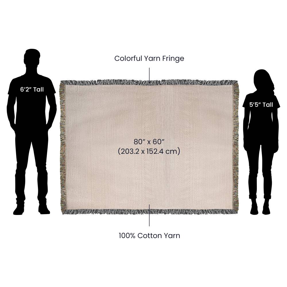 80 by 60 inch cotton woven blanket size comparison beside 6 foot 2 man and 5 foot 5 woman silhouettes.