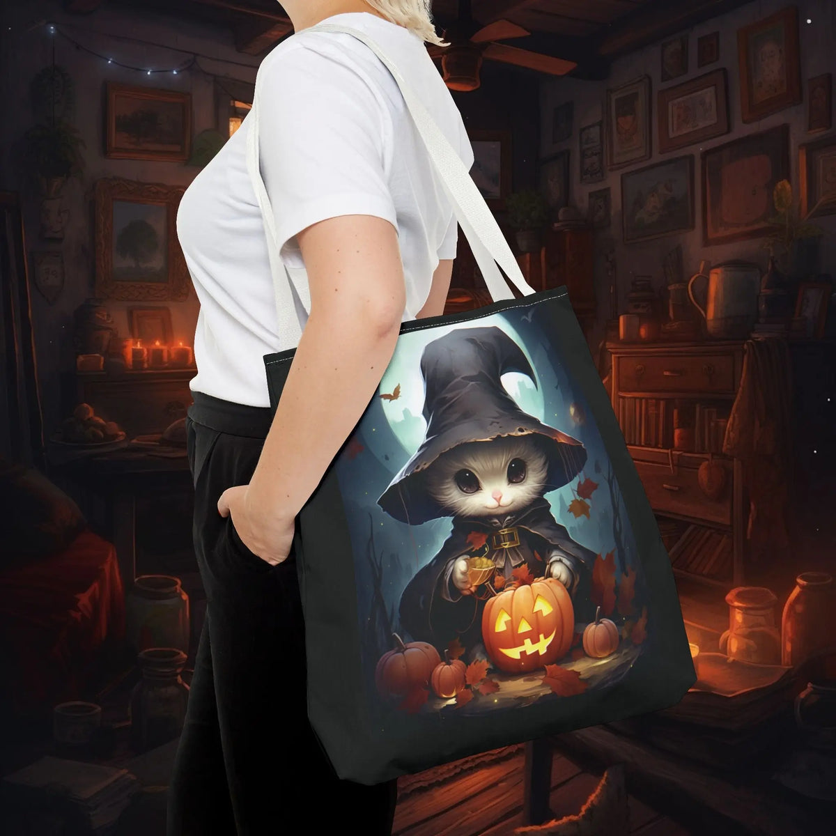 Elegant White Witch Cat Tote Bag for Magical Adventures Printify