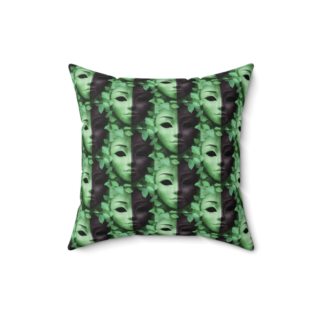 Square Pillow Faces of Fall Green & Black Dramatic Mask Spun Polyester Printify