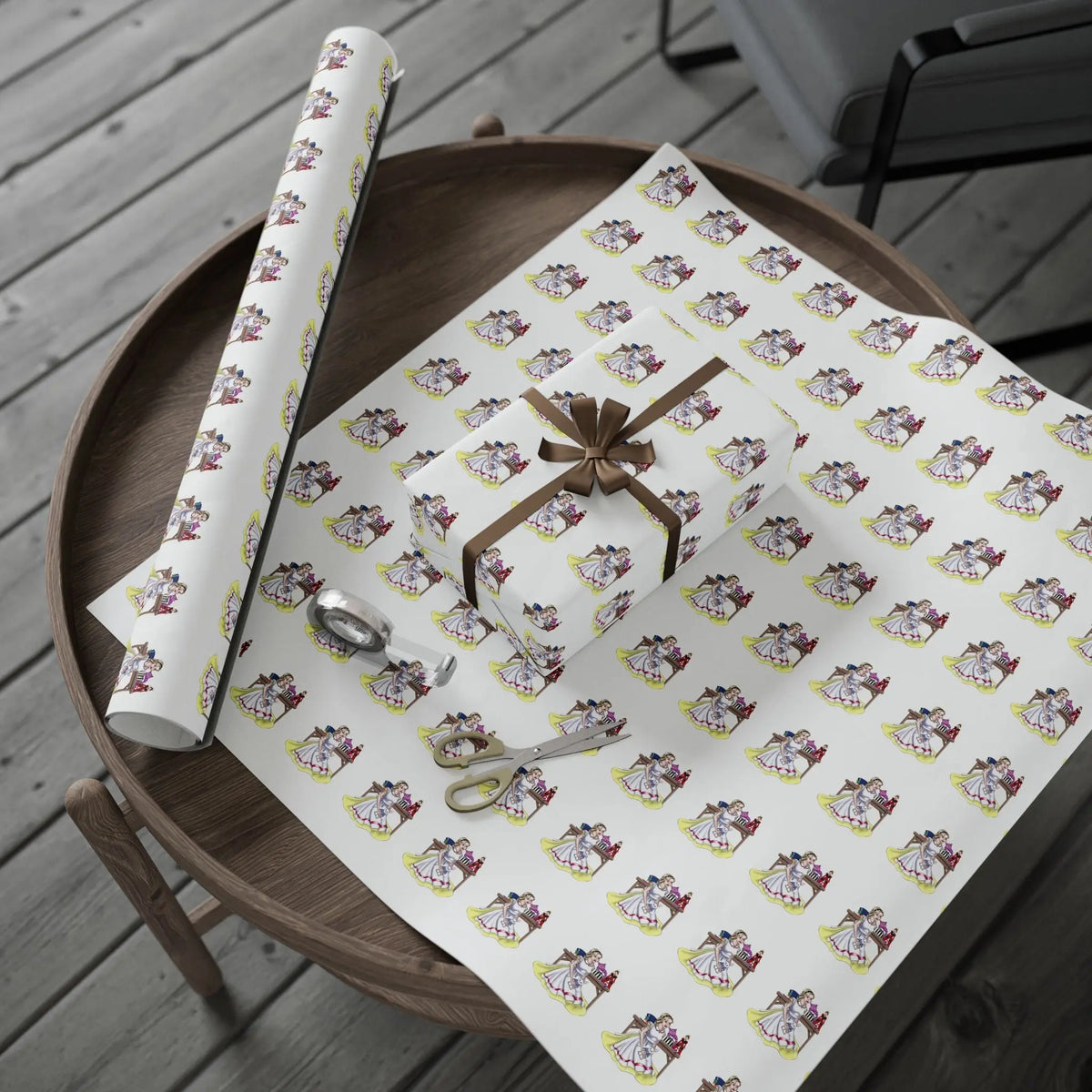 Alice in Wonderland Pattern Wrapping Paper - Playful Design with White Rabbit, Mad Hatter Hat, Queen of Hearts, and Cheshire Cat Kawaii Esquire