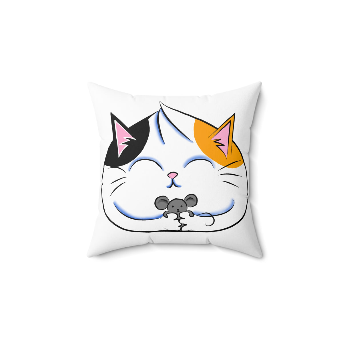 Adorable Calico Cat Dumpling Spun Polyester Pillow with Gray Mouse - Kawaii Esquire