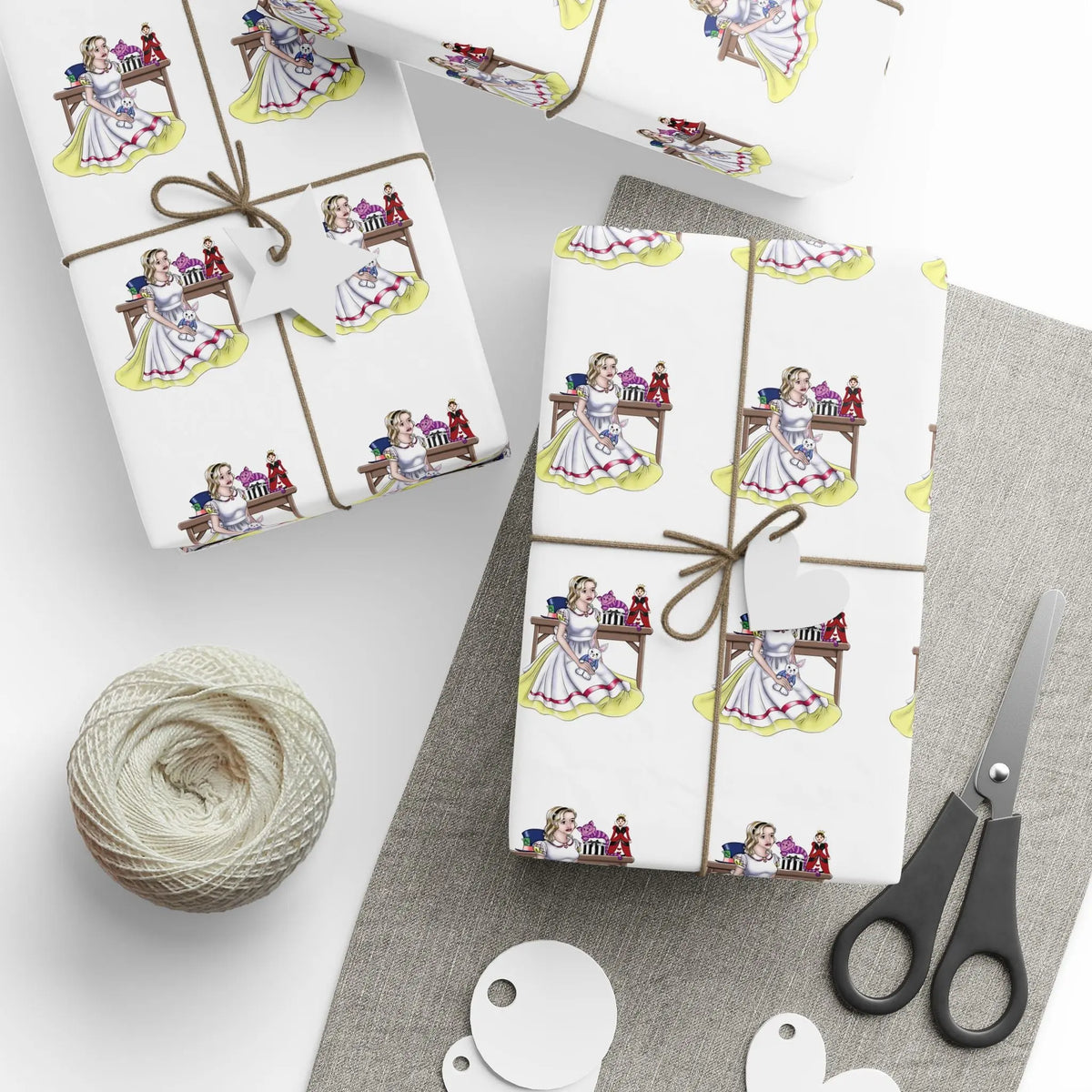 Alice in Wonderland Pattern Wrapping Paper - Playful Design with White Rabbit, Mad Hatter Hat, Queen of Hearts, and Cheshire Cat Printify