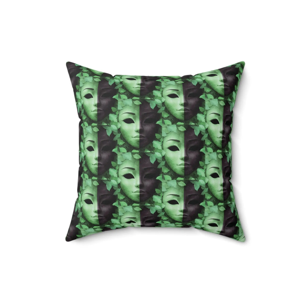 Square Pillow Faces of Fall Green & Black Dramatic Mask Spun Polyester Printify