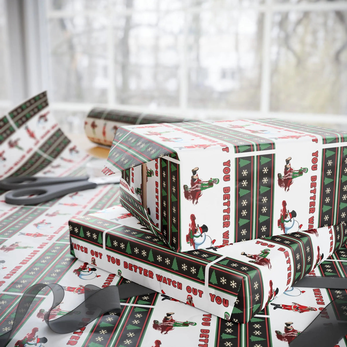 Unwrap the Undead: Zombie Themed Wrapping Paper with Santa, Elf, and Snowman Printify