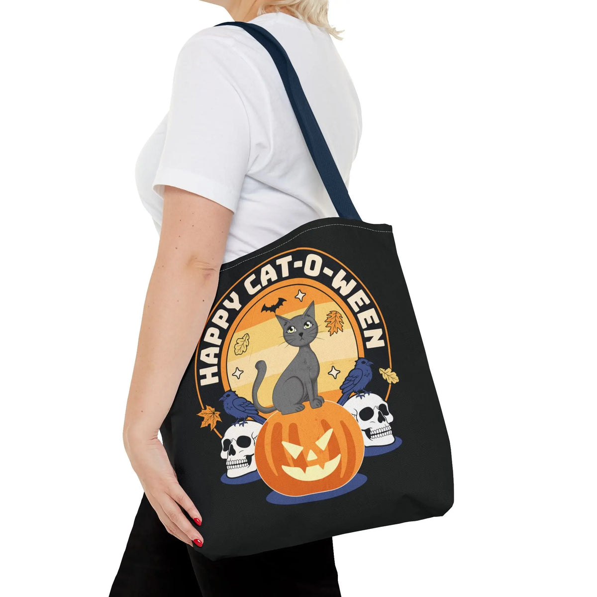 Tote Bag - Halloween Black Cat on Jack O Lantern Design Printify