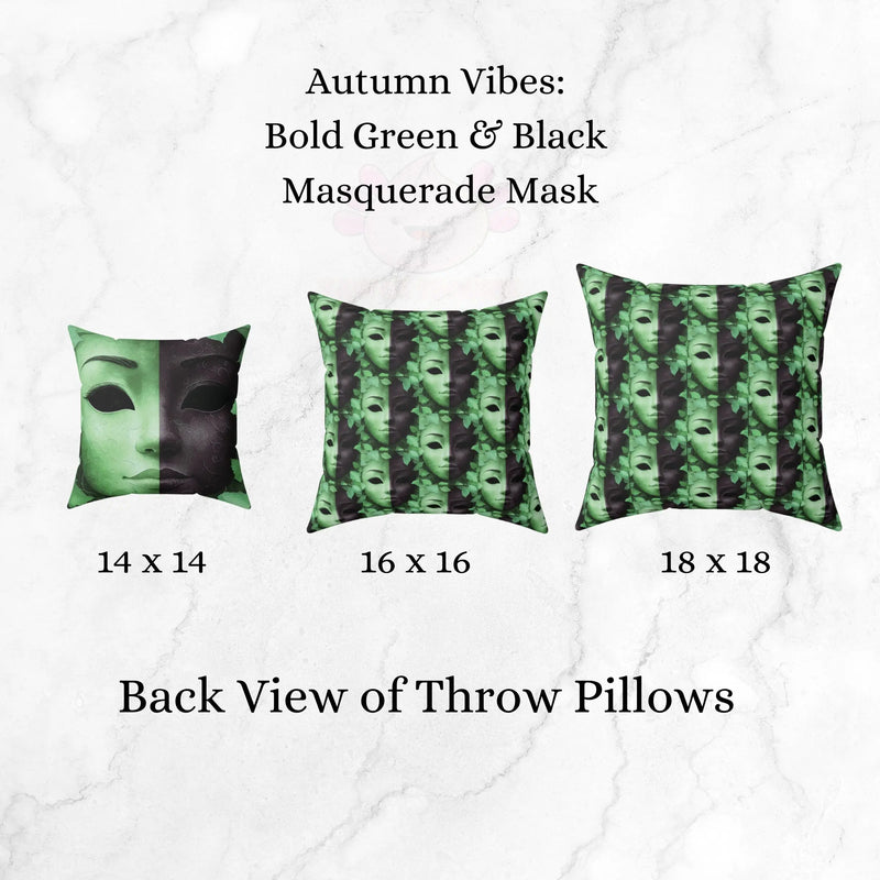 Square Pillow Faces of Fall Green & Black Dramatic Mask Spun Polyester Printify