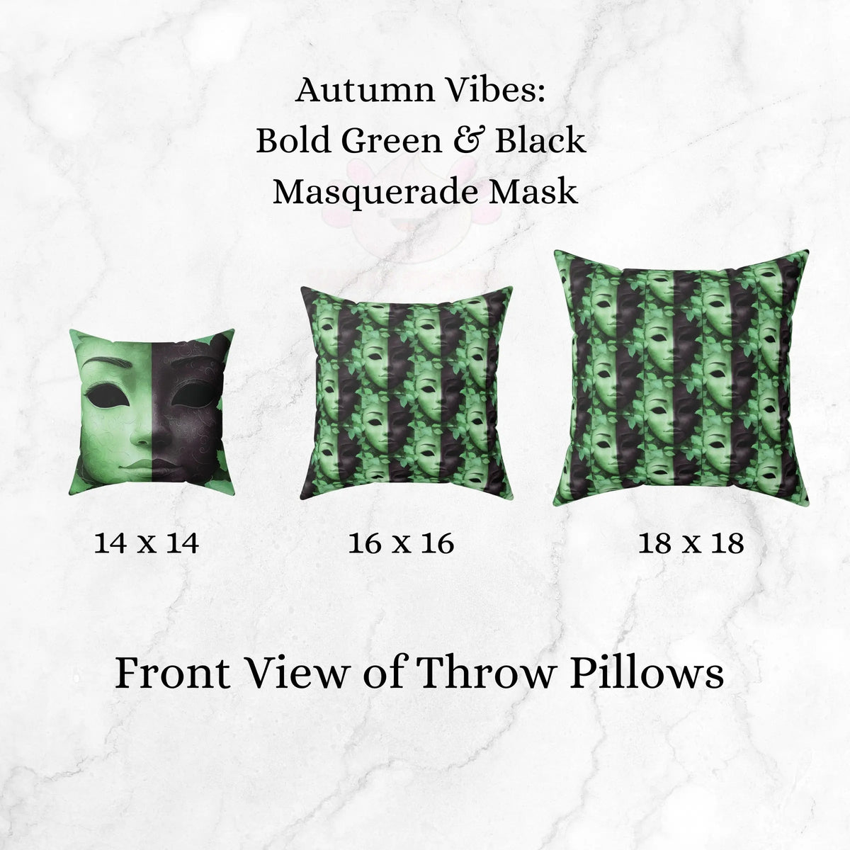 Square Pillow Faces of Fall Green & Black Dramatic Mask Spun Polyester Printify