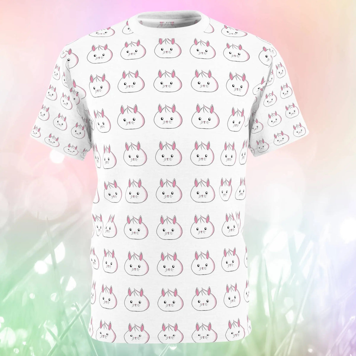 A white t-shirt with an all-over print design of cute bunny dumplings with pink ears, creating a delightful and playful pattern.