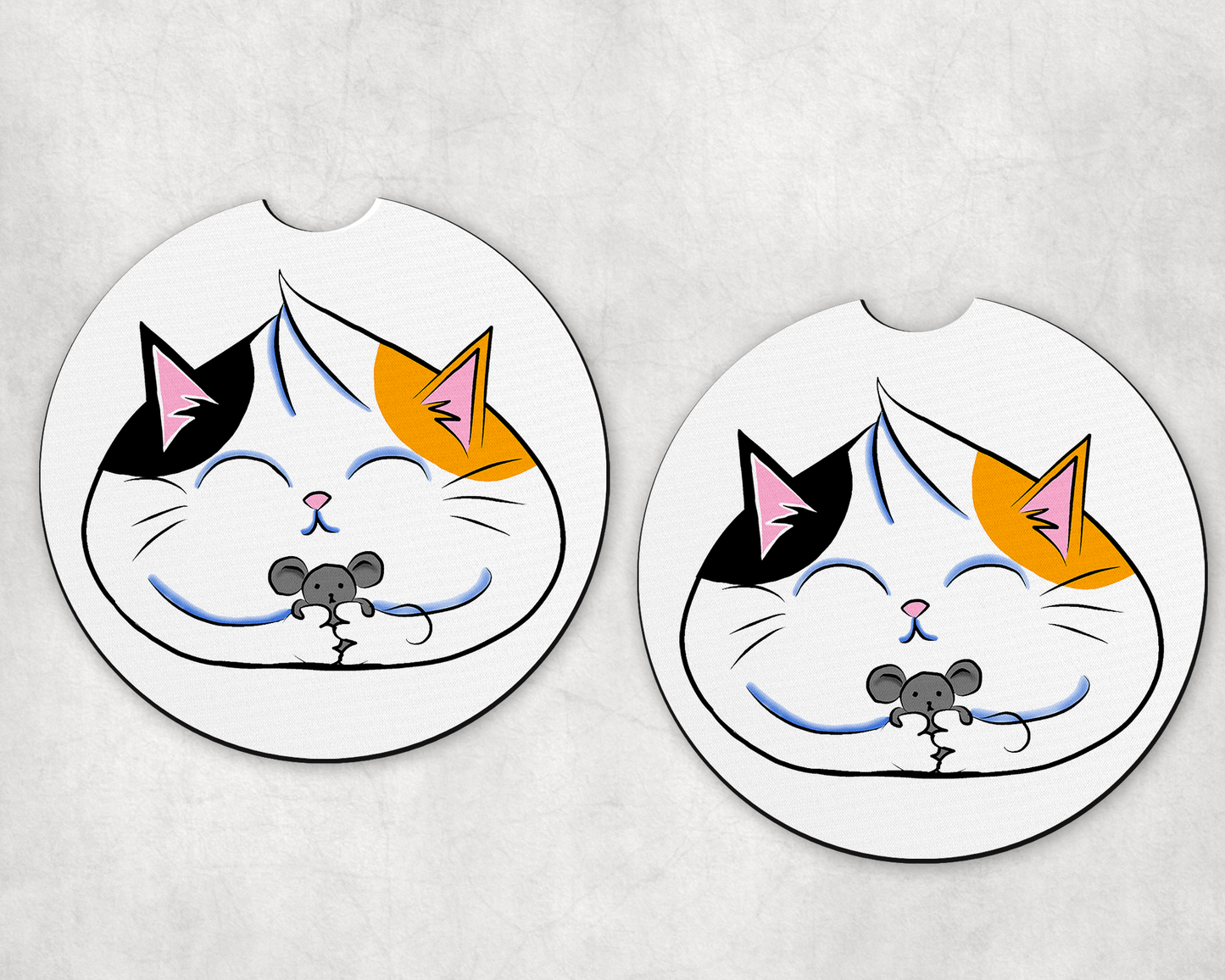 Quirky Fabric Car Coaster with Calico Cat Dumpling and Gray Mouse