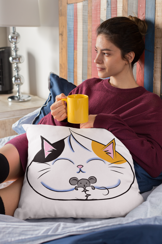 Adorable Calico Cat Dumpling Spun Polyester Pillow with Gray Mouse